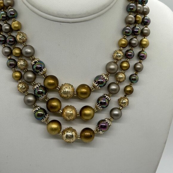 Vintage Multi-Strand Necklace Iridescent Gold Tone Pearlescent Beads Pro Formal - Picture 5 of 13
